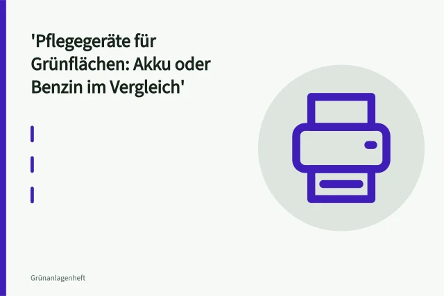 Akku-Rasenmäher mäht Grünfläche, daneben Akku-Motorsense und Heckenschere. Pflegegeräte für Grünflächen: Akku oder Benzin im Vergleich