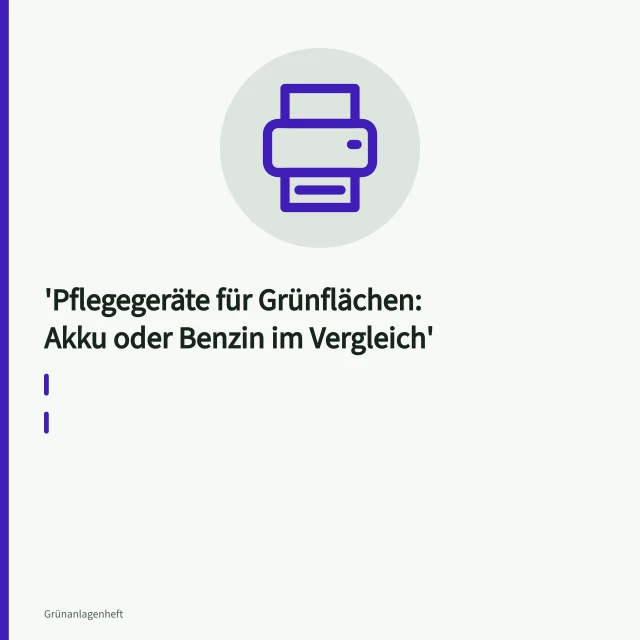 Akku-Rasenmäher mäht Grünfläche, daneben Akku-Motorsense und Heckenschere. Pflegegeräte für Grünflächen: Akku oder Benzin im Vergleich